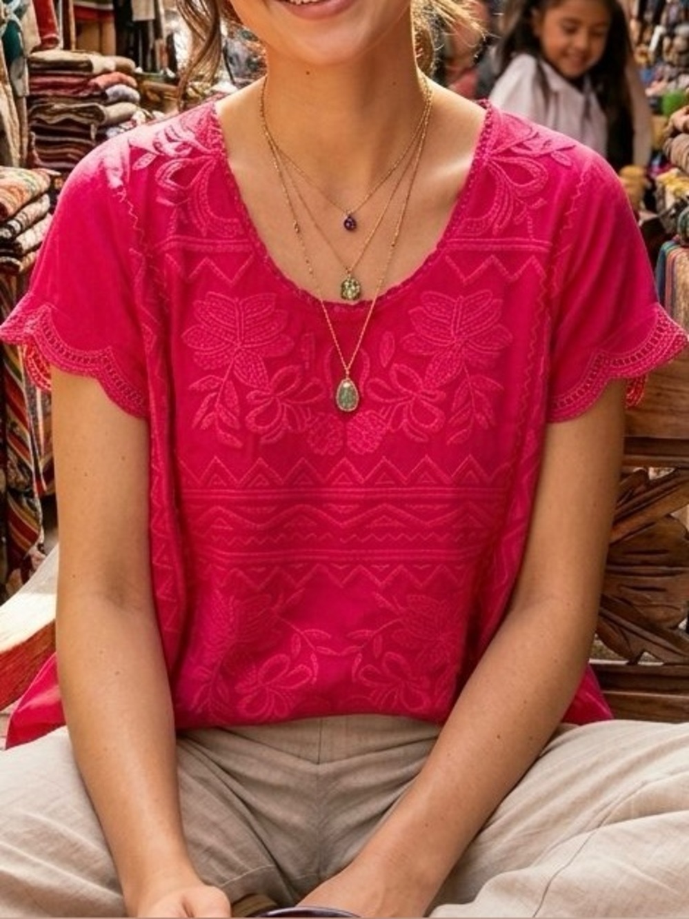 Johnny Was Embroidered Fuschia Pink Boho Peasant Blouse Top Shirt M